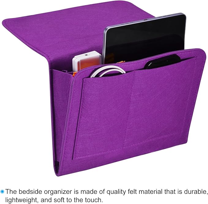 PATIKIL 11in Bedside Caddy, Bed Caddy Bedside Organizer Hanging 5 Pocket Soft Felt Bed Pockets Bedside Storage Organizer Remote Control Holder for Bedroom Phones Glasses, Purple