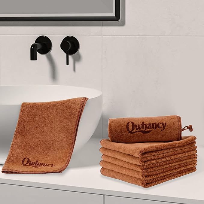 Microfiber Makeup Remover Cloth Face Towels Makeup Pads Soft Fingertip Face Wash Cloth Reusable Machine Washable High‑Absorbency Quick‑Dry Cleansing Facial Towels 12 × 12 in 6 Pack——Brown