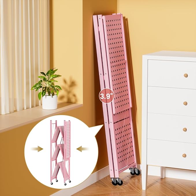 ALANNG Heavy Duty 4-Tier Folding Shelf with Wheels, No Tools Assembly Metal Storage Rack Cart, 264LBS Capacity for Kitchen, Pantry, Laundry Room, Garage, (Pink, 1PACK)