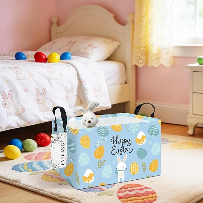FANKANG Storage Bins,Nursery Hamper Canvas Laundry Basket Foldable with Waterproof PE Coating Storage Baskets for Boys and Girls, Office, Bedroom, Clothes,Toys(Rec-Easter eggs ）