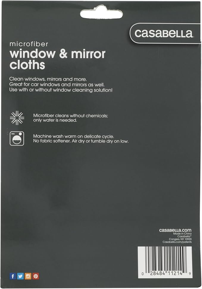 Casabella Lint-Free Microfiber Glass and Mirror Cleaning Cloths, White/Black (Set of 2)