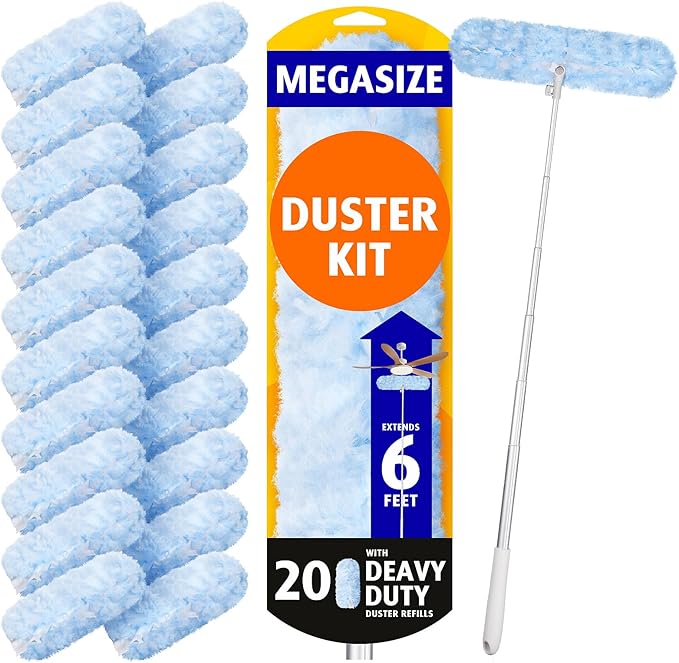 6 ft Extendable Duster Handle with 20 Refills, Compatible with Swiffer, Disposable Microfiber Dusting Pads for Home Cleaning, Ceiling, Fan, Window, Hard-to-Reach Areas