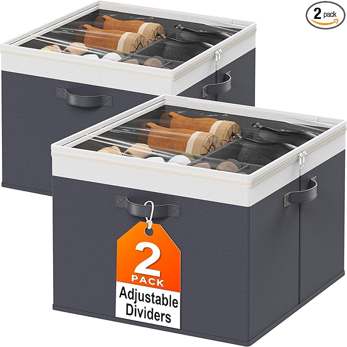 Shoe Organizer for Closet - 2 Packs Hold up to 32 Pairs, Large Shoe Storage Organizer Containers with Adjustable Dividers, Clear Cover, Leather Handles for Heels, Boots, Sneakers (Gray)