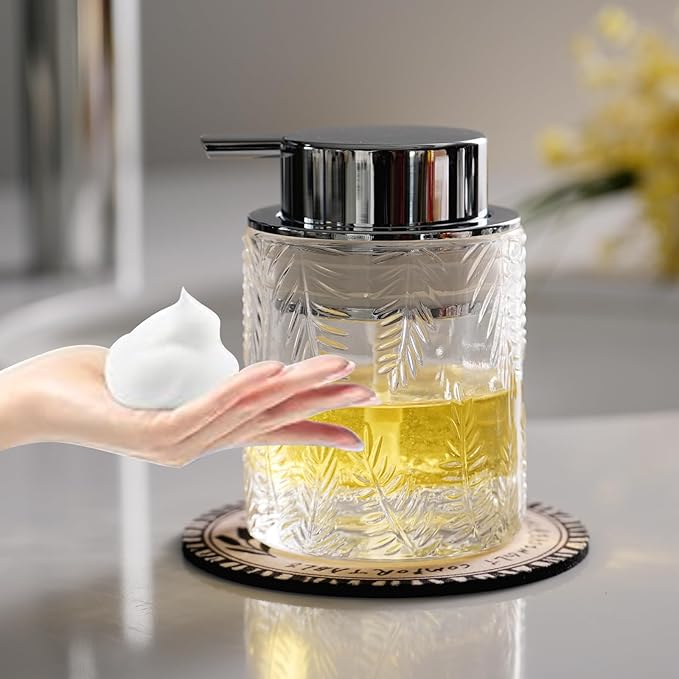 Foaming Hand Soap Dispenser - Glass Foam or Lotion Dispenser for Kitchen & Bathroom, Refillable with Large Silver Pump (Leaf Pattern-Clear)