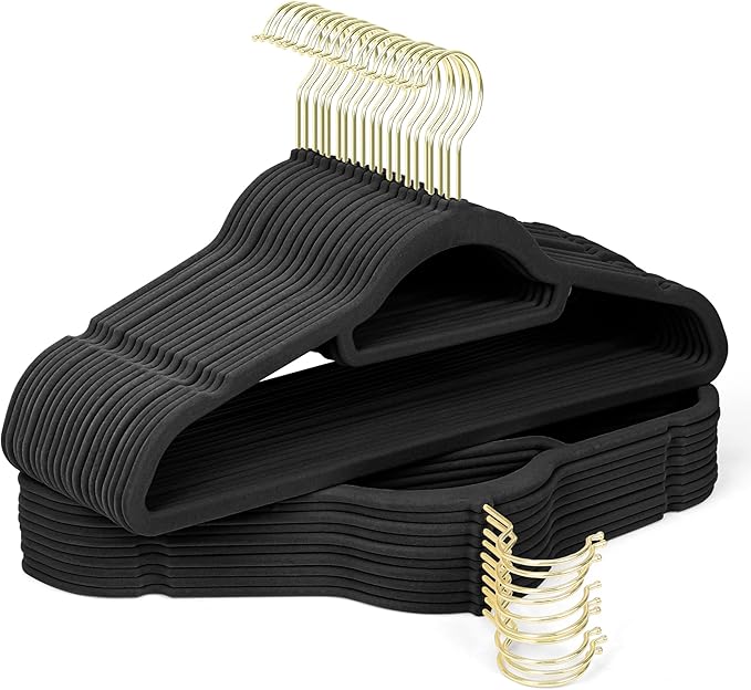 Velvet Hangers 30 Pack with Gold Hooks, Non-Slip Slim Felt Hanger for Clothes, Space Saving Heavy Duty Flocked Hangers for Dresses, Coats, Pants(Black)