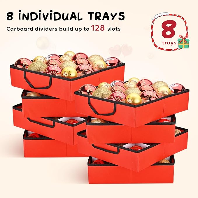 Mrrihand Christmas Ornament Storage Box, Ornament Storage Container with 8 Trays-Xmas Decoration Organizer Keeps 128 Holiday Ornaments 3-Inch, Dual Zipper Closure, 600D Tear-Proof（Red）