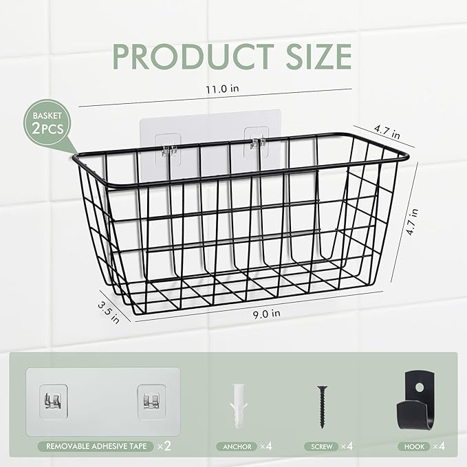 Wire Hanging Wall Basket, 2 Black Baskets Set Adhesive Wall Mount Organizer for Pantry Kitchen RV Bathroom Cabinet Storage Organization
