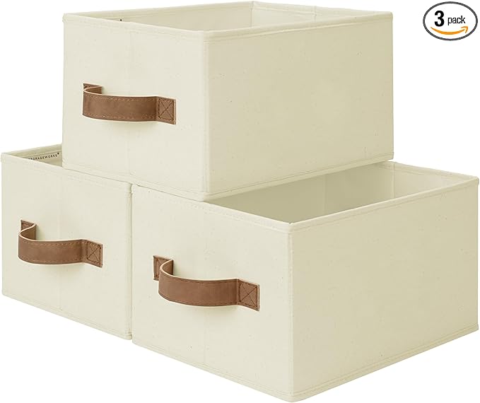 StorageWorks Closet Organizer Storage Baskets, Storage Bins for Shelves, Fabric Organization and Storage, Foldable Closet Organizer for Clothes, Ivory White, 3-Pack, Small