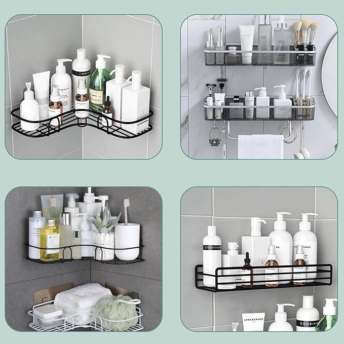 Qiic 12 Pcs Shower Caddy Adhesive Hooks Replacement Storage Shelf Basket Strips Hook/No Drilling Strong Adhesive & Waterproof Hooks for Bathroom Wall Corner Shelf,Soap Holder,Organizer,Kitchen Racks