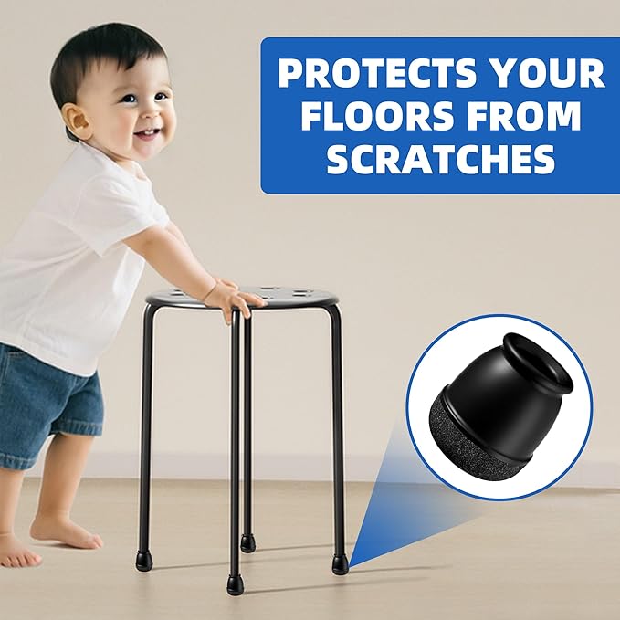 20 Pcs Black Extra Small Skinny Chair Leg Floor Protectors for Hardwood Floors, Upgraded Rubber Chair Leg Caps with Felt, Round Furniture Leg Feet Covers, No Scratches Reduce Noise (Fit 0.4"-0.55")