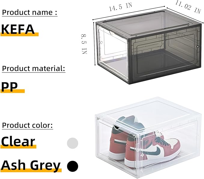 KEFA XL Shoe Storage Box, 6 PACK Shoe Boxes Clear Plastc Stackable Organizer, Clear Plastic Shoe Boxes Fit for US 15 (6 PACK CLEAR)