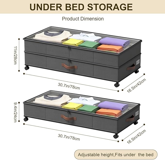 2 Pack Under Bed Storage with Wheels & Clear Lids – 72L XXL Large Capacity Under bed Storage Organizer for Clothes, Toys, Blankets | Space-Saving Stackable Design | Bedroom Storage Solution