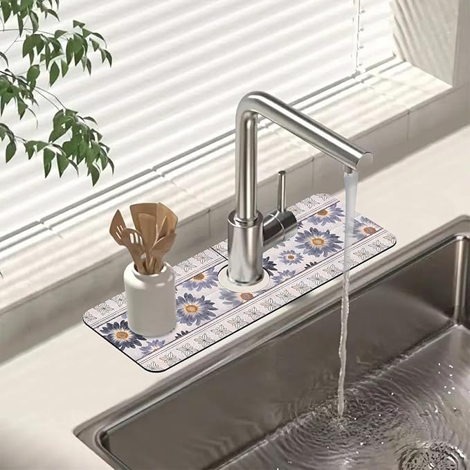 Sink Faucet Absorbing Mat Vintage Embroidery Flowers Sink Splash Guard Drying Mat for Kitchen Bathroom Faucet Sinkmat 15.5"X5.5"