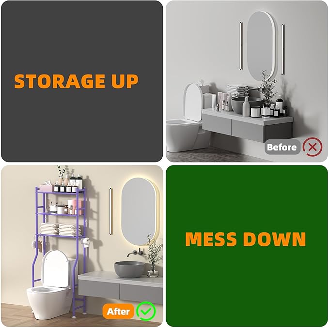 3-Tier Over The Toilet Storage, Space Saver Metal Bathroom Shelves, Freestanding Above Over Toilet Storage Shelf with 4 Hooks for Bathroom, Purple