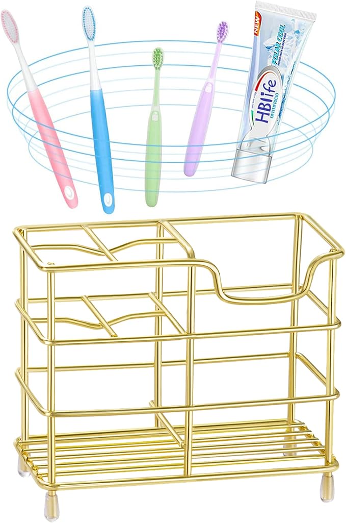 HBlife Small Toothbrush Holder for Bathroom, 5 Slots Gold Stainless Steel Bathroom Accessories Organizer for Small Spaces