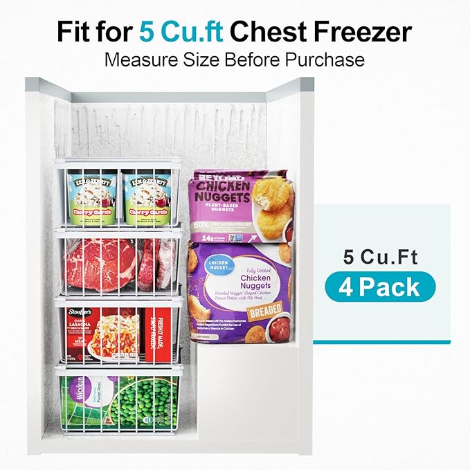 iSPECLE Deep Freezer Organizer, 8 Pack Wire Baskets for 5 Cu.Ft Chest Freezer & Upright Freezers (Over 8.5 Cu.Ft), 14" x 9.4" Stackable Heavy Duty Storage Bins Easy Access to Sort Meat, White