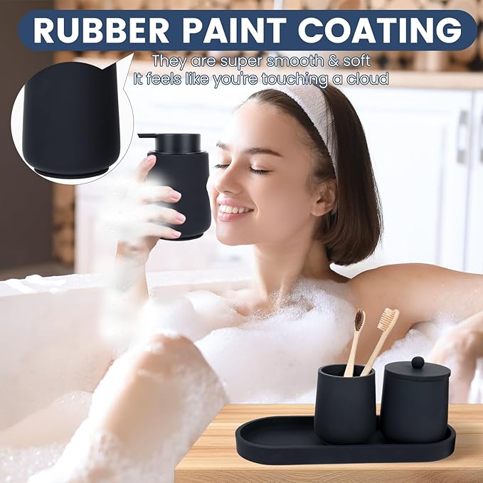 Black Bathroom Accessories Set - 4 Pcs Bathroom Accessory Sets with Toothbrush Holder,Lotion Soap Dispenser,Qtip Holder Dispensr & Vanity Tray,Bathroom Countertop Vanity Oganizer - Matte Black