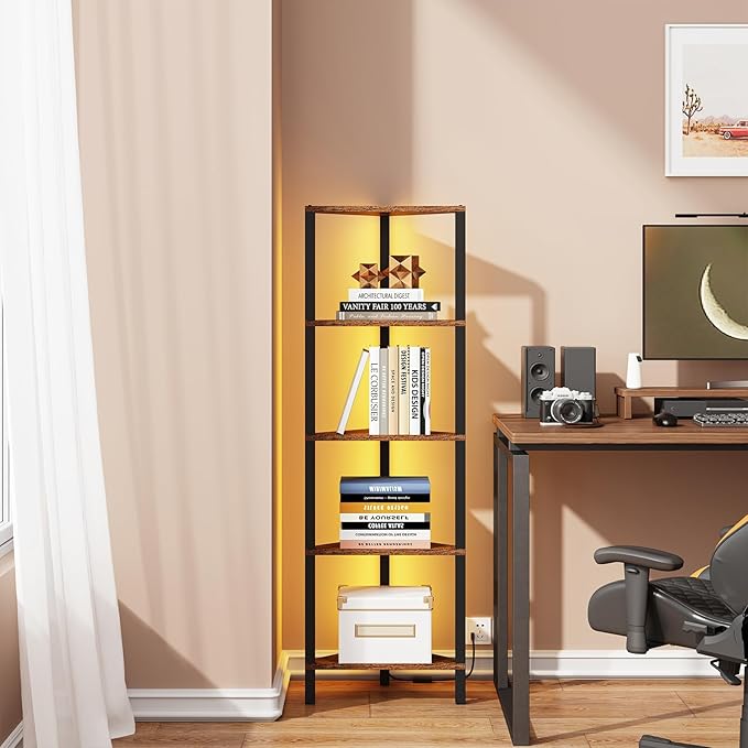 TUTOTAK Corner Shelf with LED Light, 5-Tier Corner Bookshelf for Small Space, Narrow Display Corner Shelf Stand with Storage Rack, for Living Room, Bedroom, Rustic Brown BS05BB005L