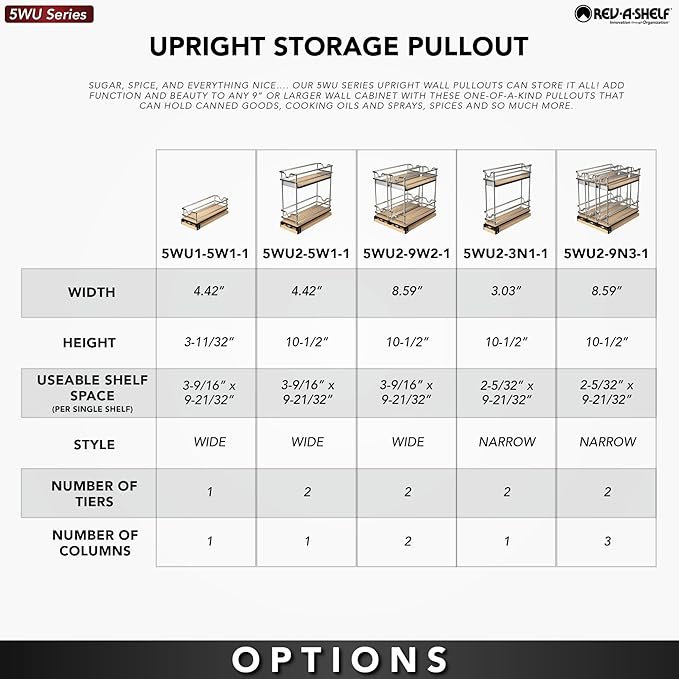Rev-A-Shelf 9" Pullout Organizer for Cabinets, Single-Tier & Single-Wide Upright Sliding Storage for Kitchen Shelf, 5WU1-5W1-1