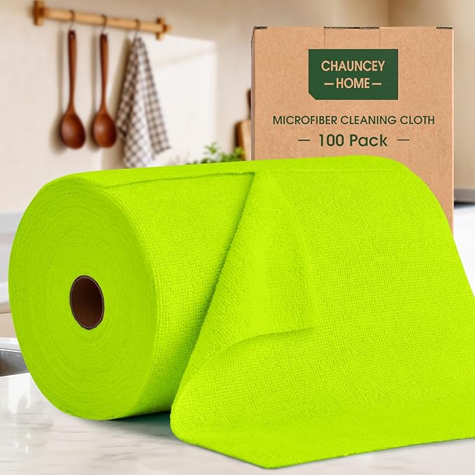 CHAUNCEY HOME Microfiber Cleaning Cloth Roll - 100 Pack Tear Away Microfiber Paper Towels, Reusable, Washable, Scratch-Free, Kitchen Towels for Car, Home, Kitchen, Glass, Dishes (Neon Green)