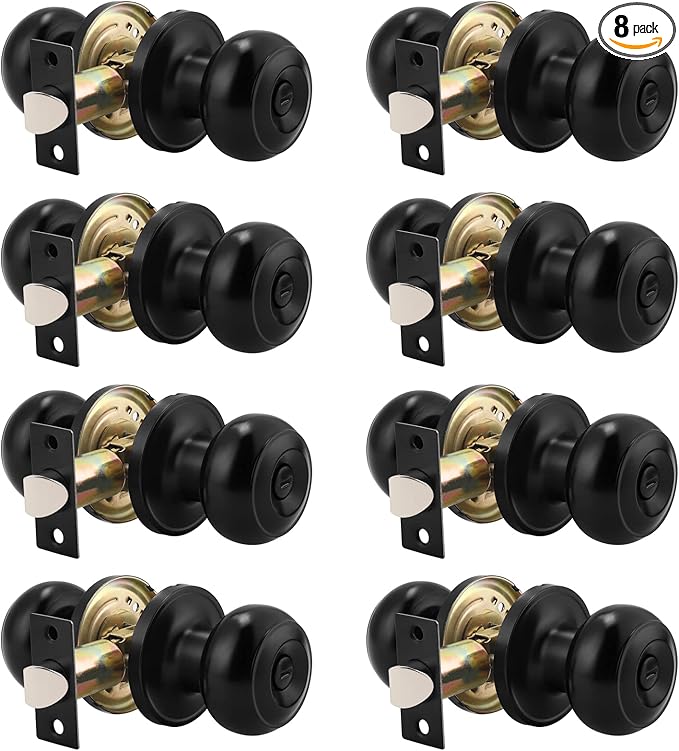 Probrico (8 Pack Round Privacy Door Knob (Thumb Turn Lock on The Inside), Keyless Doorknobs Interior/Exterior Lockset, Privacy Knobs for Bedroom/Bathroom, Black Modern Design Door Hardware