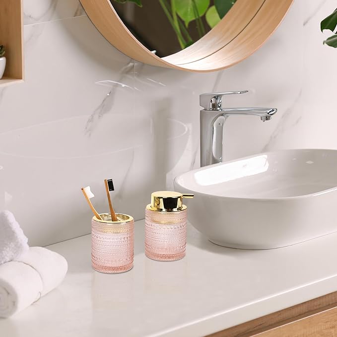 FEILANDUO Bathroom Accessories Set,4Pcs Glass Bathroom Accessories,Vanity Bathroom Decor, Soap Dispenser, Toothbrush Holder Set, Apothecary Jar, Gift for Home Apartment (Pink)