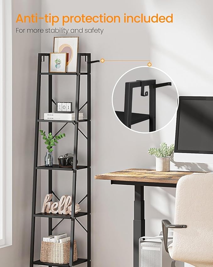 Ladder Shelf, Bookshelf Bookcase, Freestanding Corner Storage Shelve with 2 Hooks for Home Office, Living Room, Kitchen, Bedroom, Industrial, 11.8" D x 13.4" W x 63" H, Black BC03204B