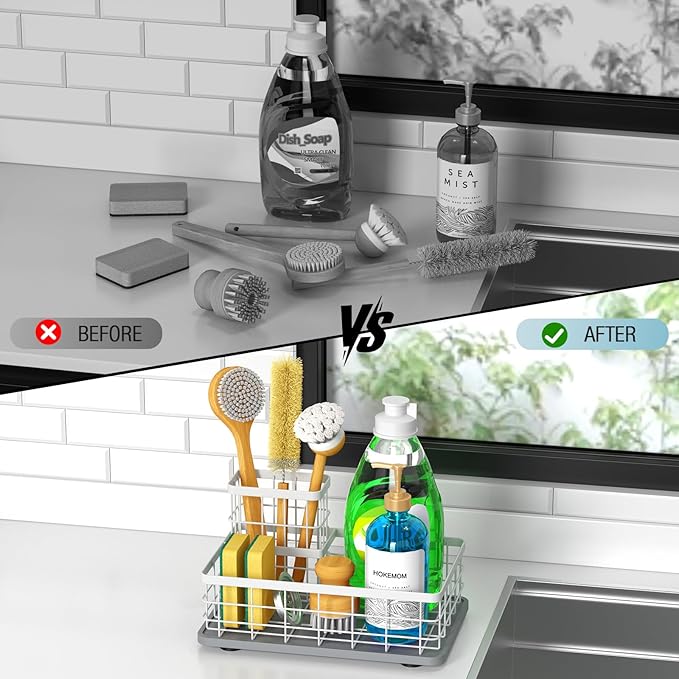 EXTRA LARGE Kitchen Sink Caddy Organizer, [FLEXIBLE PLACEMENT & FAST-DRYING] Sponge Holder for Kitchen Sink Countertop,Stainless Steel with Rust-Resistant Coating-10.24" L x 6.5" W x 5.83" H