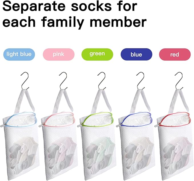 5-Pack Sock Laundry Bags with Metal Hooks, 10x12 Inch Mesh Washing Machine Bags, for Sorting & Storage