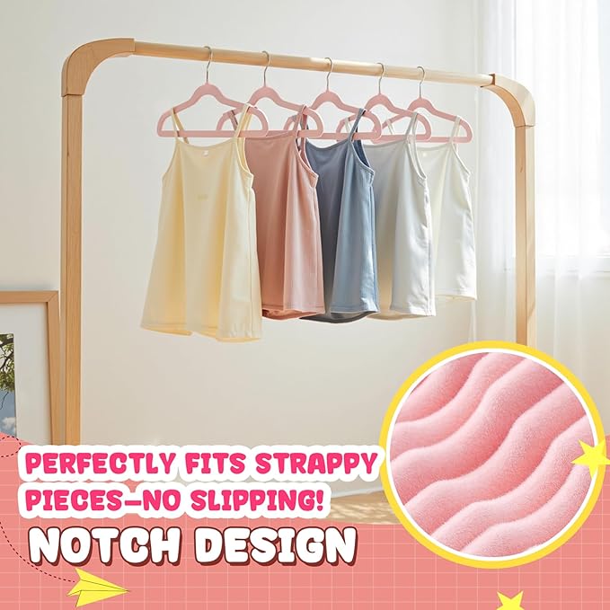 Korpai 50 Pack Kids Velvet Hangers 14 Inch, Non-Slip, Ultra Slim,Space-Saving Kids Hangers with 360° Swivel Hook, 7LBS Capacity, Kids Clothes Hangers Ideal for Childrens' Dresses/Shirts/Coats,Pink