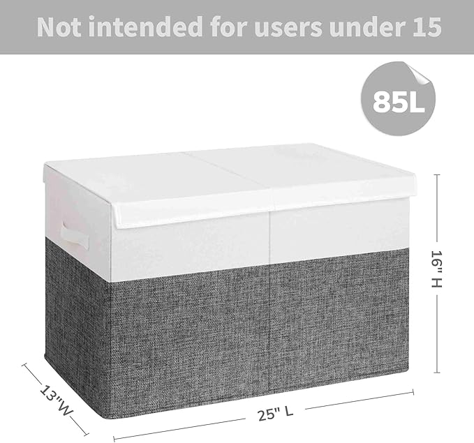 INDRESSME 25"x13"x16" Large Toy Storage Box with Lid, Toy Chest Organizer Toy Basket with Dividers for Playroom, Bedroom, Closet, Toy Bin for Kids Baby Boys Girls (Grey & White)