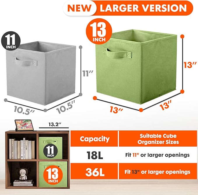 ShellKingdom Storage Bins, Foldable Fabric Storage Cubes And Cloth Storage Organizer Drawer For Closet And Toys Storage, 13 X 13 X 13 INCH, 6 Pack (Green)