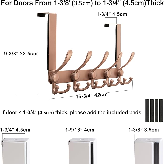 Dseap Over Door Hook 2.0 - Upgraded Version - Simple-Assembly, Strong, Heavy-Duty Stainless Steel 5-Tri-Hook Over The Door Hanger Rack, SimpleStrong Series, Rose Gold