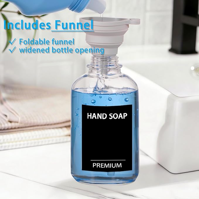12oz Dish Soap Dispenser for Kitchen, Hand Glass Soap Dispenser Set with Pump, Tray, Funnel for Bathroom, Shower, Laundry, Liquid, Lotion (Black 2 Pack Clear Bottles with 12 Stickers)