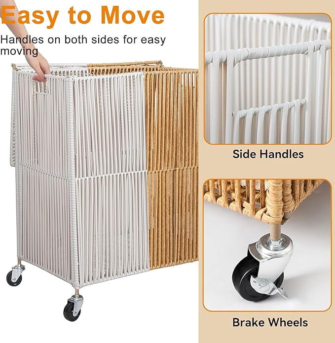 WOWLIVE Laundry Hamper with Wheels, Handwoven Rolling Laundry Basket with Lid, Clothes Hamper with Divided Removable Liner Bag, 115L Large Laundry Sorter Laundry Room Organization, White and Natural