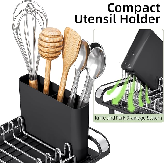 Small Dish Drying Rack, Mini Expandable Compact Dish Rack, Slim Extendable Stainless Steel Dish Drainer for Kitchen Plate Storage, Space Saving Dish Strainer in Sink or on Home Countertop, Matte Black