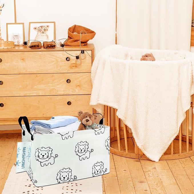 LANGYASHAN Rectangular Storage Bin Collapse Canvas Fabric Cartoon Storage Basket with Handles for Organizing Home Kitchen Boys and Girls Toys Office Closet Shelf Baskets (Rec lion)