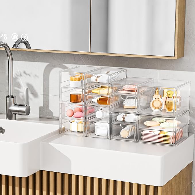 Acrylic Makeup Organizer with 31 Drawers, 6 Pack Clear Storage Drawers, Bathroom Makeup Organizer for Palettes, Cosmetic, and Beauty Supplies,Ideal for Vanity, Cabinet,Desk Organization