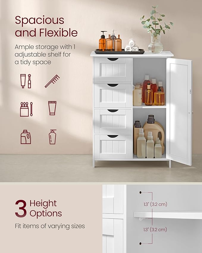 VASAGLE Storage Cabinet with Drawers, Freestanding Floor Cabinet with Door, 13.8 x 25.6 x 35.4 Inches, Adjustable Shelf, for Bathroom, Living Room, Kitchen, Cloud White ULHC042WH01S
