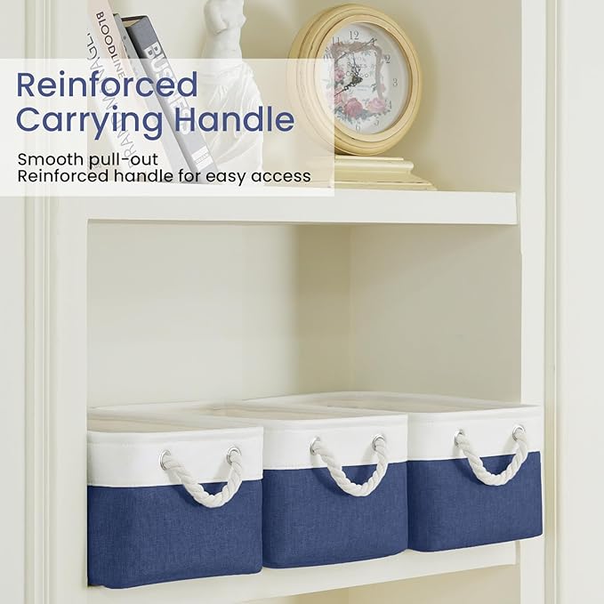 Storage Baskets for Shelves 13.8x9.8x6.7 Inch, Foldable Fabric Storage Bins with Handles, Small Storage Baskets for Organizing Closet, Office, Home Organization (1-Pack, White&Blue)