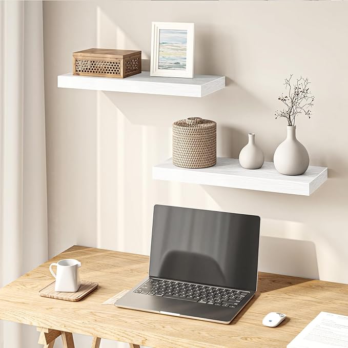 Fixwal Floating Shelves for Wall, 15.7" Wood Wall Mounted Shelves for Living Room, Bedroom, Bathroom and Kitchen, for Storage, Books, Room Decor (White, Set of 2)
