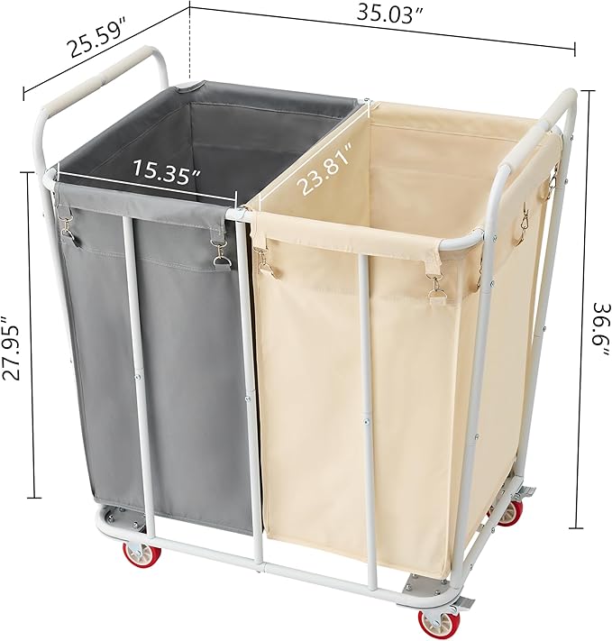 Hoctieon 2 Section Laundry Sorter Cart, 400L Rolling Hamper with Wheels, Industrial Laundry Basket Organizer, Extra Large Dirty Clothes Hamper for Home & Hotel, Heavy Duty, Gray+Beige