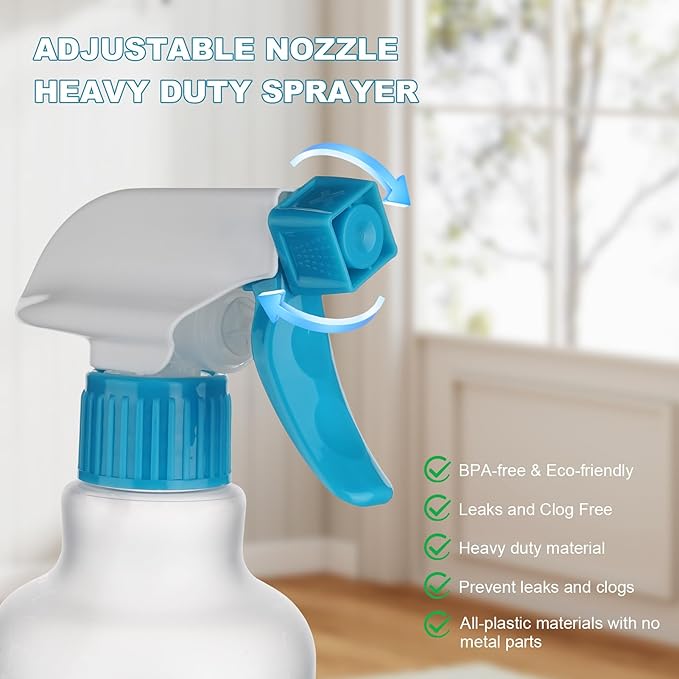 Plastic Spray Bottles 12oz 2 Pack Adjustable Mist/Stream Spraying Heavy Duty Square Water Spray Bottles for Hair, Cleaning Solutions, Plants, Essential Oils (Blue)