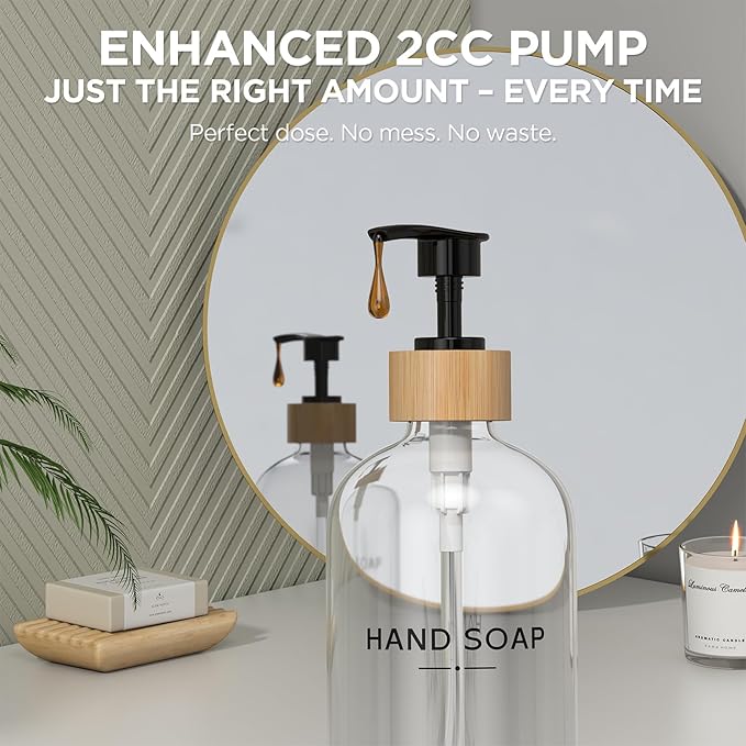 Hand and Dish Soap Dispenser Set,16oz Glass Bottles with Printed Labels, Bamboo Tray & Pump,Countertop Soap Dispensers for Kitchen,Luxury, Minimalist & Farmhouse Decor (Hand Dish (Transparent))
