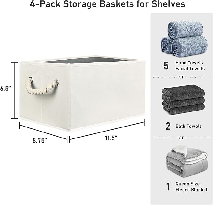 Closet Storage Bins, Linen Closet Organizers and Storage Basket for Shelves, Collapsible Shelf Baskets for Organizing Shelves, Bedroom Clothes Basket, Beige, 4 Pack