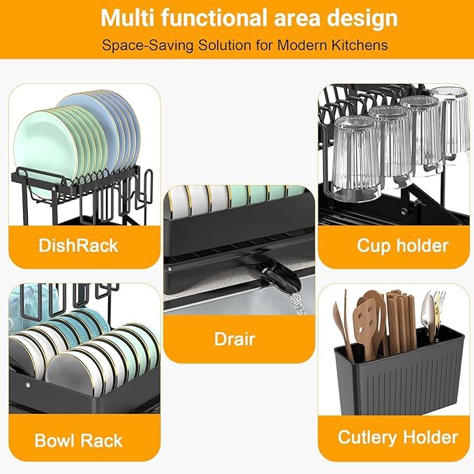Large Dish Drying Rack,Dish Rack 2 Tier,Dish drainers for Kitchen Counter with Cup Chopping Board Cutlery Holder,Anti-Rust Collapsible 16.5" L x 11.8" W Black