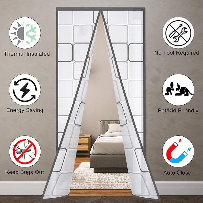 Insulated Door Curtain, Thermal Magnetic Self-Sealing EVA Door Screen Winter Stop Draft Keep Cold Out Cover for Kitchen, Bedroom, Air Conditioner Room,Hands Free,Fits Doors up to 34" x 80", Grey