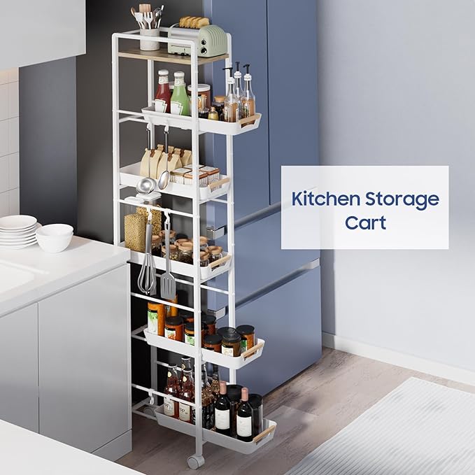 6 Tier Slim Storage Cart with Pull-Out Baskets Rolling Cart with Wheels Wood Top Narrow Utility Cart Metal Shelving Units for Pantry Laundry Room Bathroom Kitchen White 8in(W)