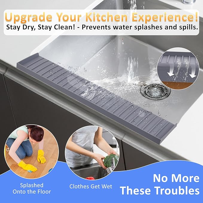 Sink Edge Protector with Suction Cup 14" 20" 24" 30", Silicone Sink Splash Guard for Kitchen & Bathroom, Protect Countertop from Scratches, Stains, for Stainless Steel Granite Quartz-Grey