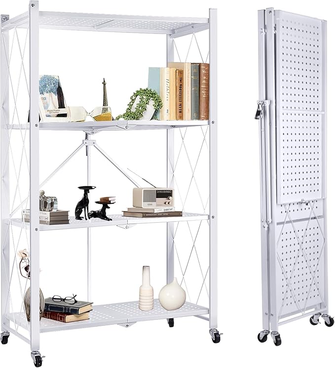 4-Tier Foldable Storage Shelf with Wheels, Metal Collapsible Shelving Unit, Heavy-Duty Rolling Cart for Kitchen Pantry Garage Office, Pre-Assembled Organizer Rack – White